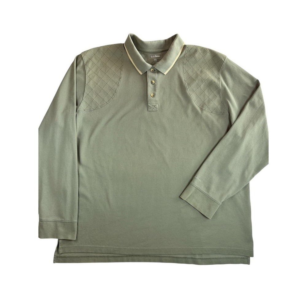 L.L.Bean Long Sleeve Polo Mens XXL Green Quilted Shoulder Pique Cotton